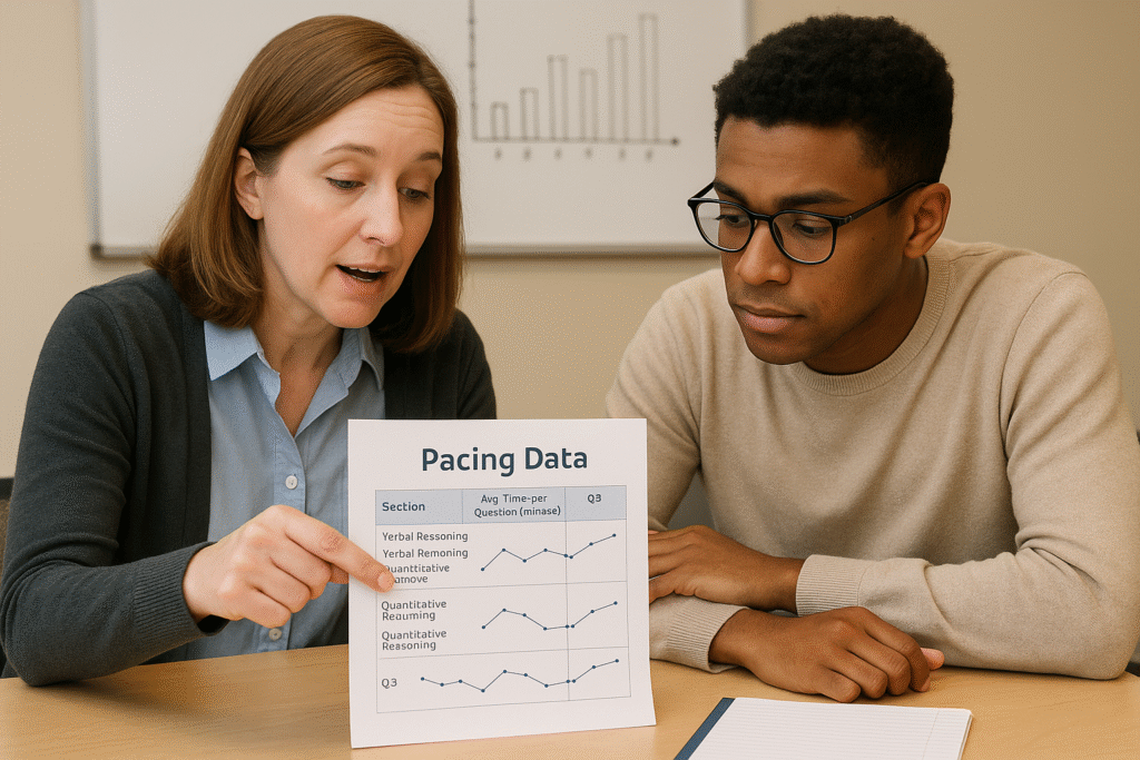 GRE instructor analyzing time per question performance with a student